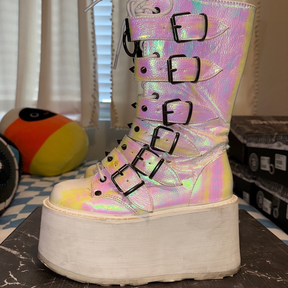 Pearlescent Prizm Demonia Platform Buckle Boots